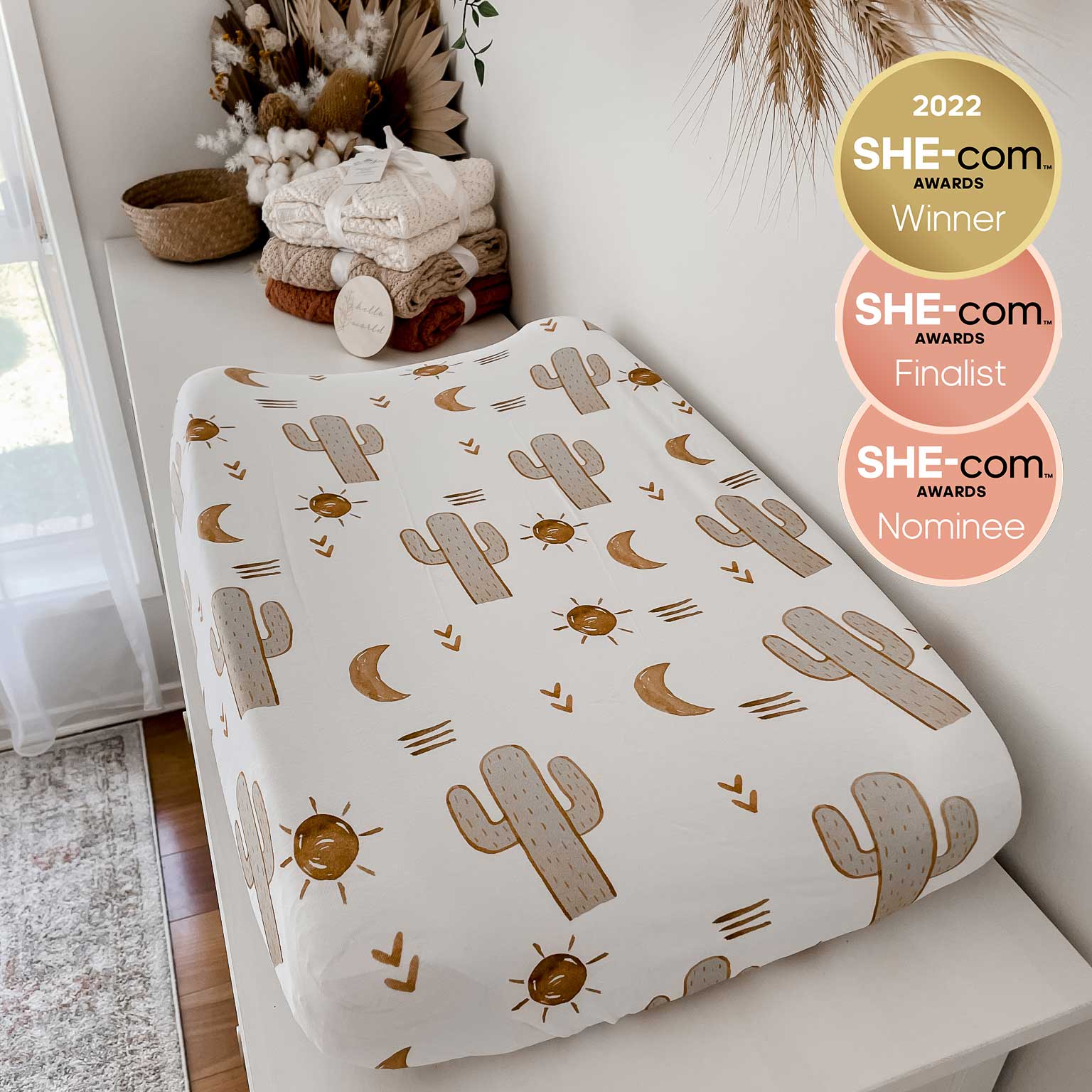 Arizona Print Bassinet Sheet: Organic Cotton Jersey, Brown Moons, Suns, and Green Cactuses