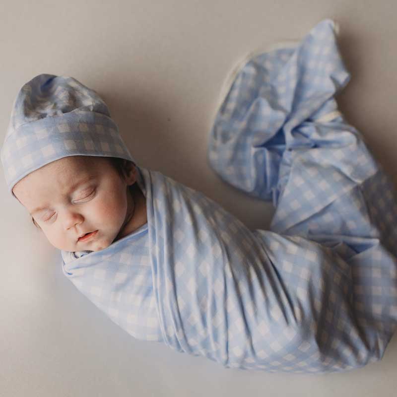 Cornflower Gingham Jersey Swaddle Wrap & Beanie