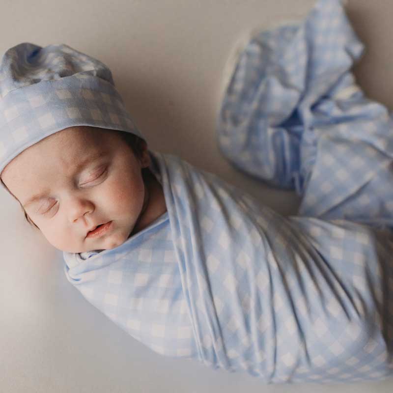 Cornflower Gingham Jersey Swaddle Wrap & Beanie