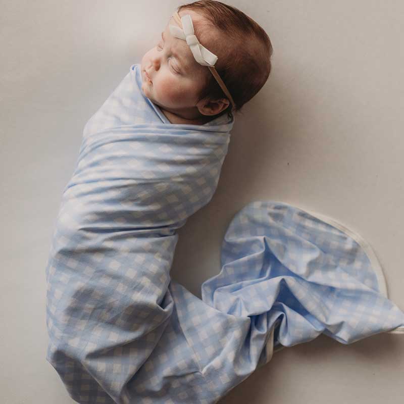 Cornflower Gingham Jersey Swaddle Wrap & Beanie