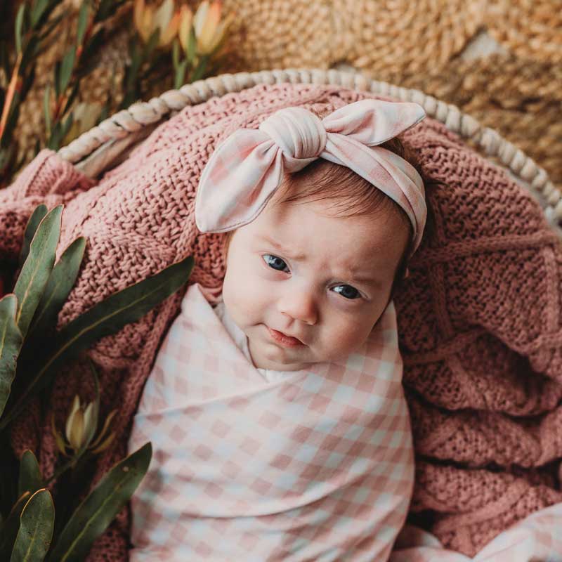 Peachy Pink Gingham Jersey Swaddle Wrap & Top Knot