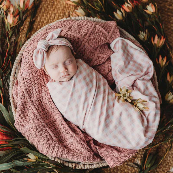 Peachy Pink Gingham Jersey Swaddle Wrap & Top Knot