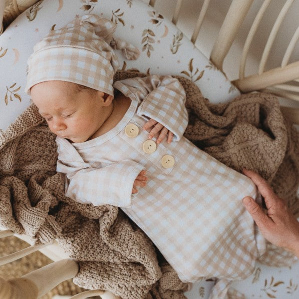 Sand Gingham Newborn Knotted Gown