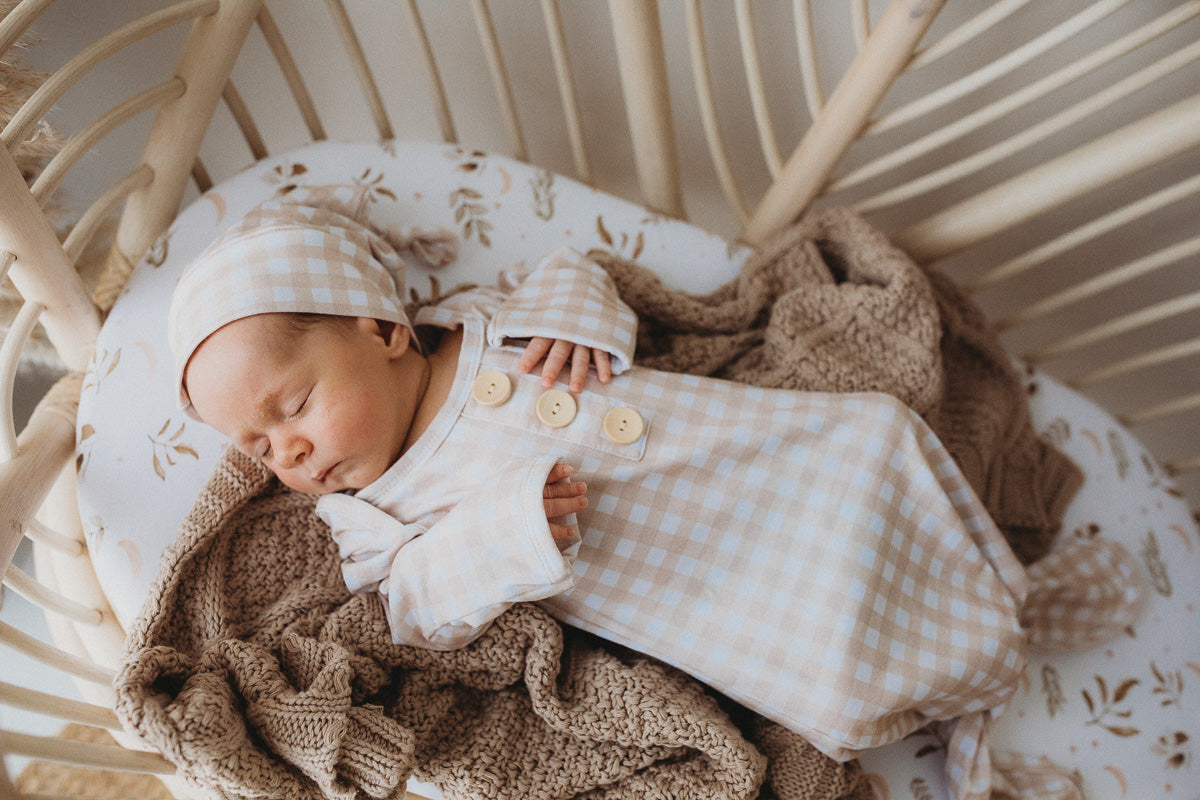 Sand Gingham Newborn Knotted Gown