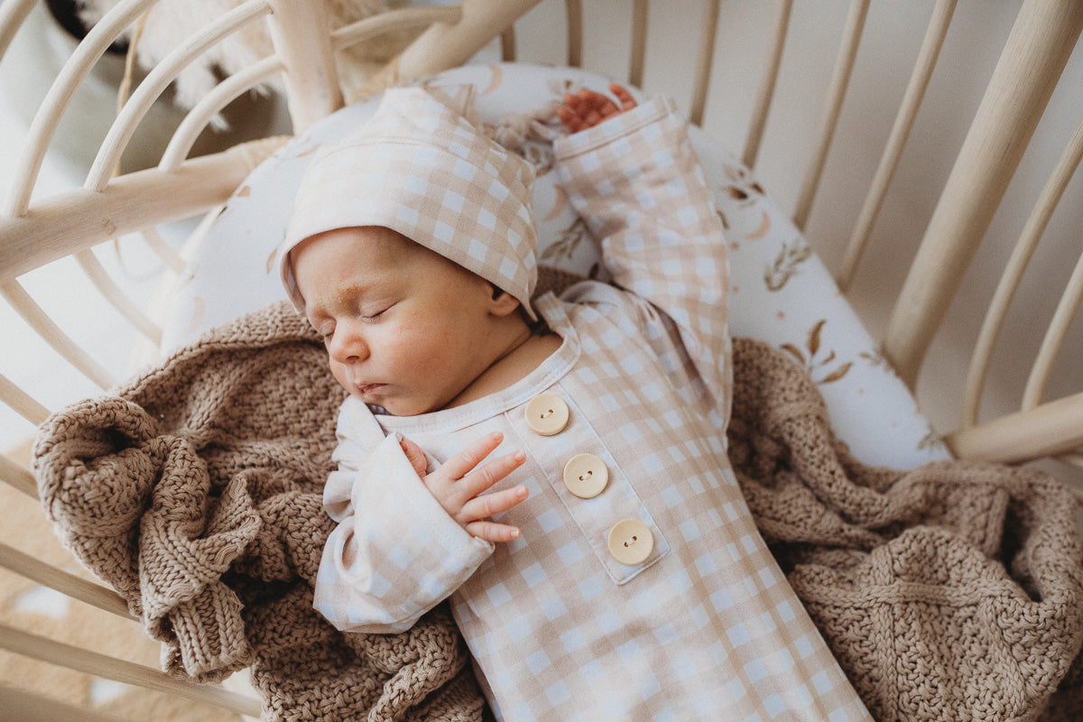 Sand Gingham Newborn Knotted Gown