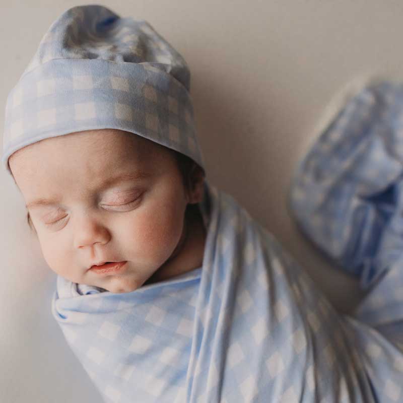 Cornflower Gingham Jersey Swaddle Wrap & Beanie