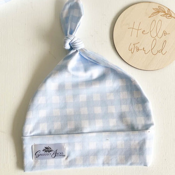 Cornflower Gingham Knotted Beanie