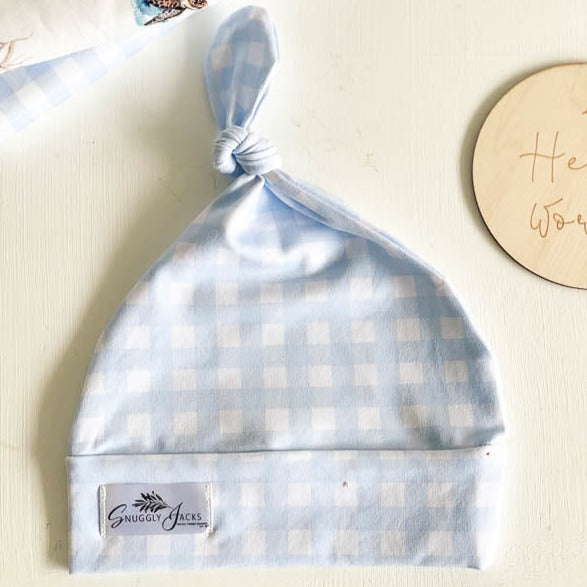 Cornflower Gingham Knotted Beanie