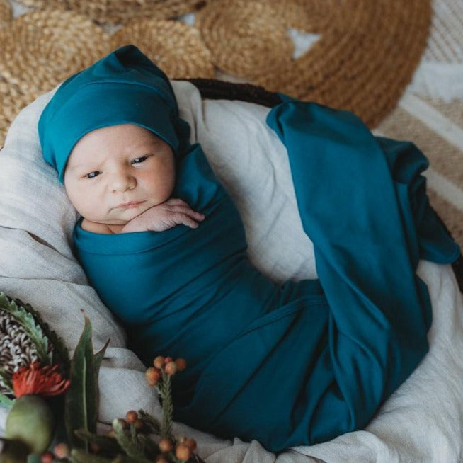 Harbour Blue Jersey Swaddle Wrap & Beanie