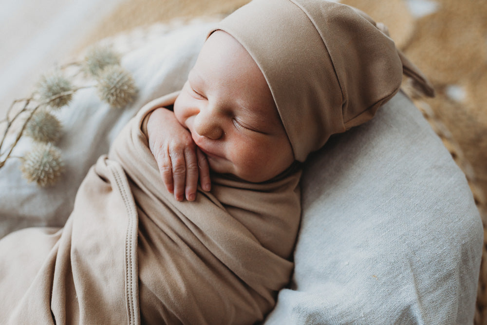 Camel Jersey Swaddle Wrap & Beanie