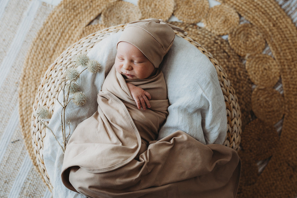 Camel Jersey Swaddle Wrap & Beanie